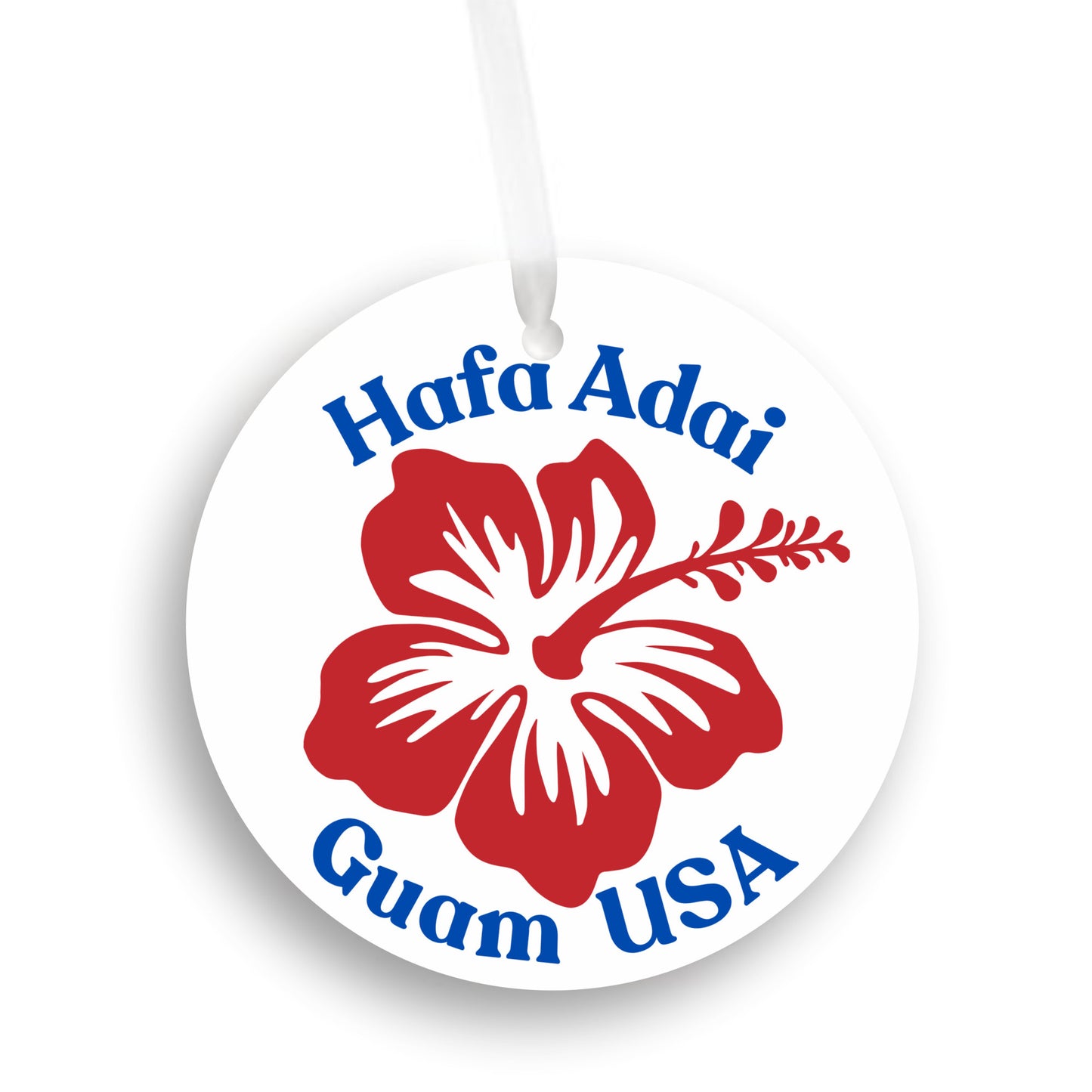 Hafa Adai Guam USA Red Hibiscus Flower Round Plastic Car Ornament