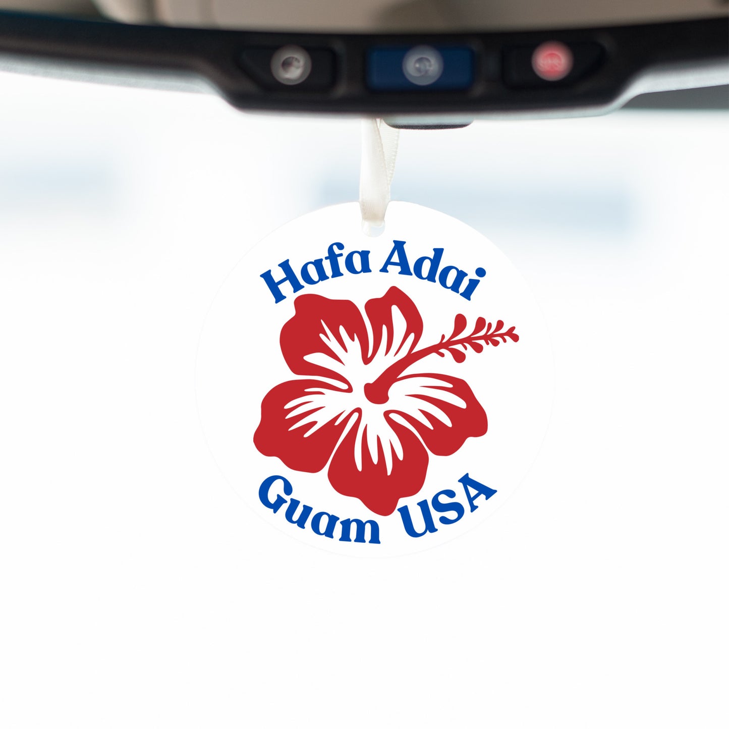 Hafa Adai Guam USA Red Hibiscus Flower Round Plastic Car Ornament