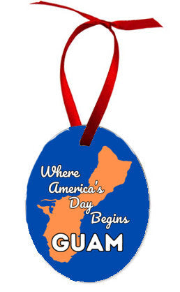 Guam Where America's Day Begins Island Map Oval Aluminum Ornament