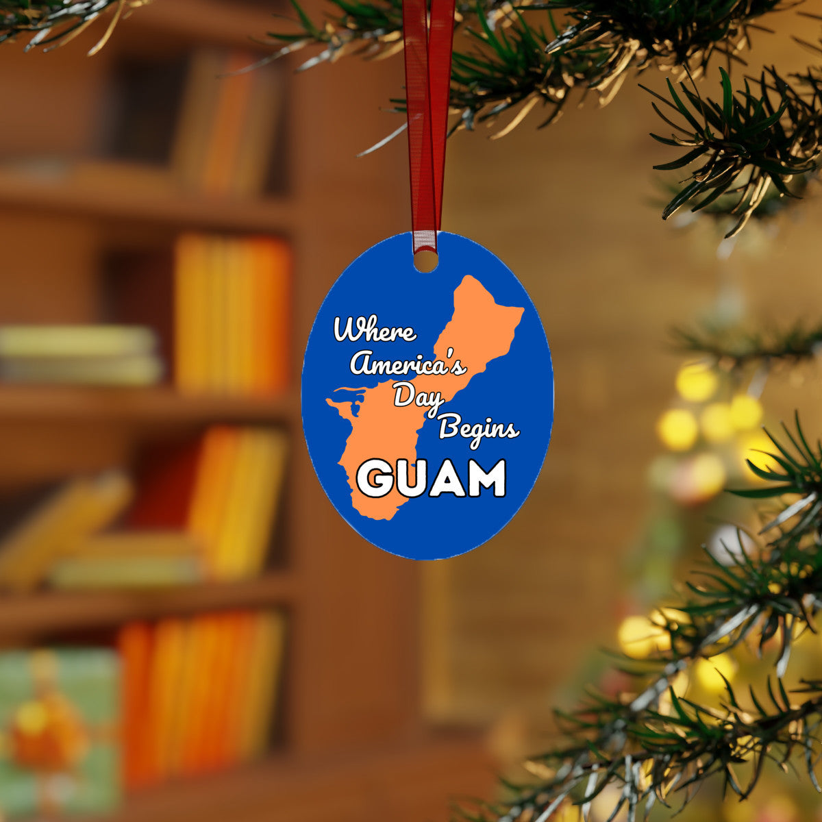 Guam Where America's Day Begins Island Map Oval Aluminum Ornament