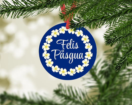 Felis Pasgua with Plumeria Flowers Round Metal Christmas Ornament