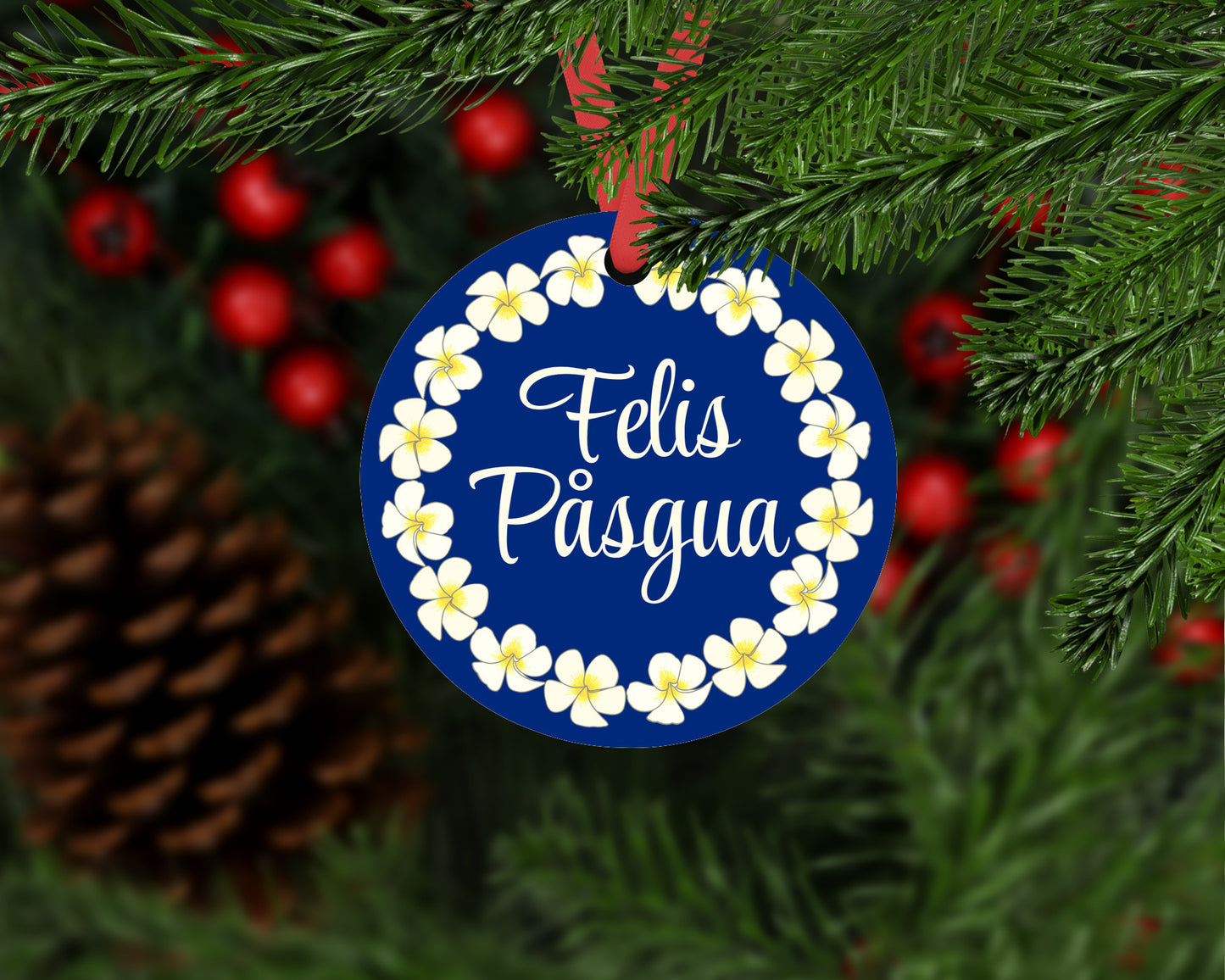 Felis Pasgua with Plumeria Flowers Round Metal Christmas Ornament