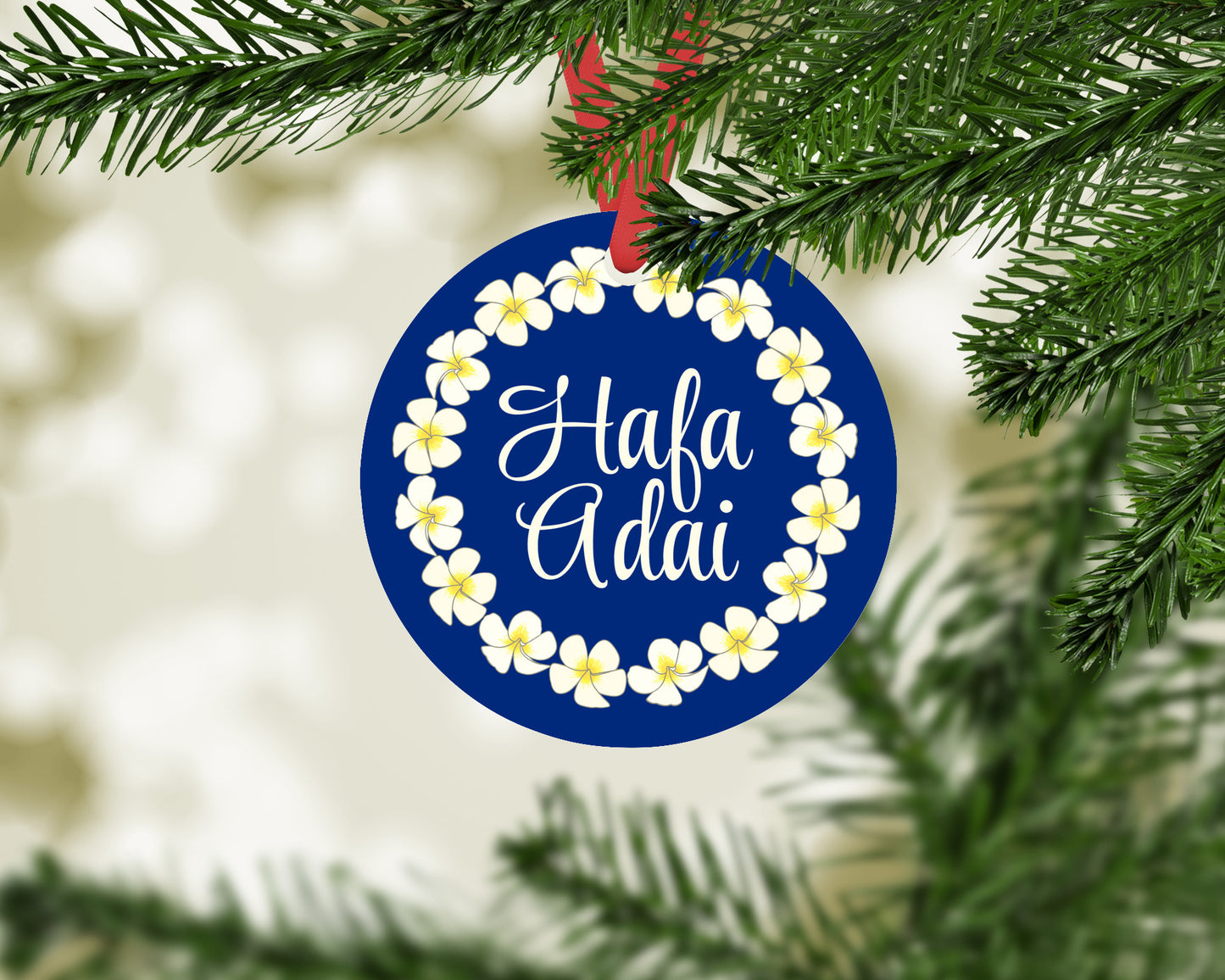 Hafa Adai with Plumeria Flowers Round Metal Christmas Ornament