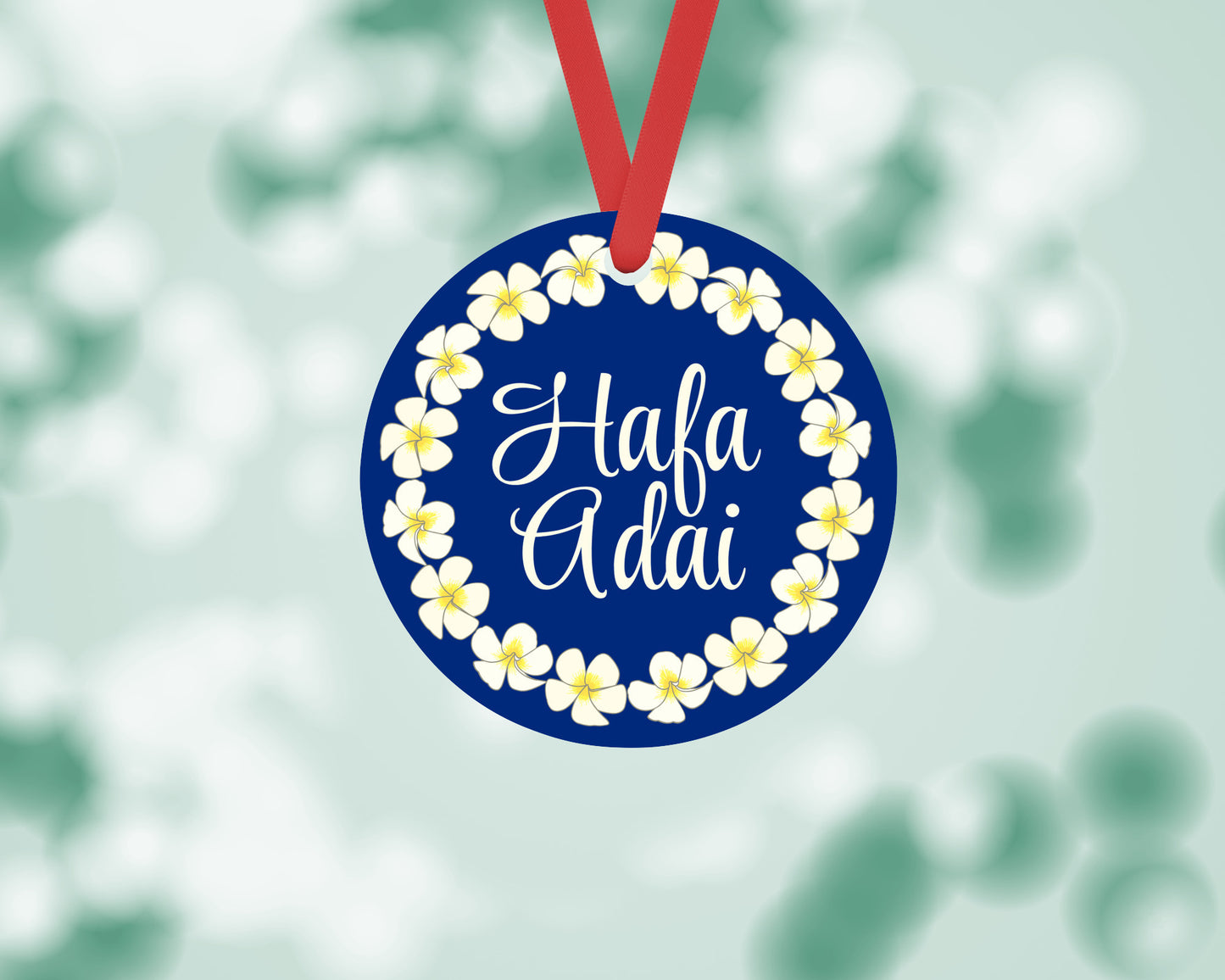 Hafa Adai with Plumeria Flowers Round Metal Christmas Ornament