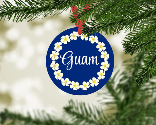 Guam Ornament with Plumeria Flowers Round Metal