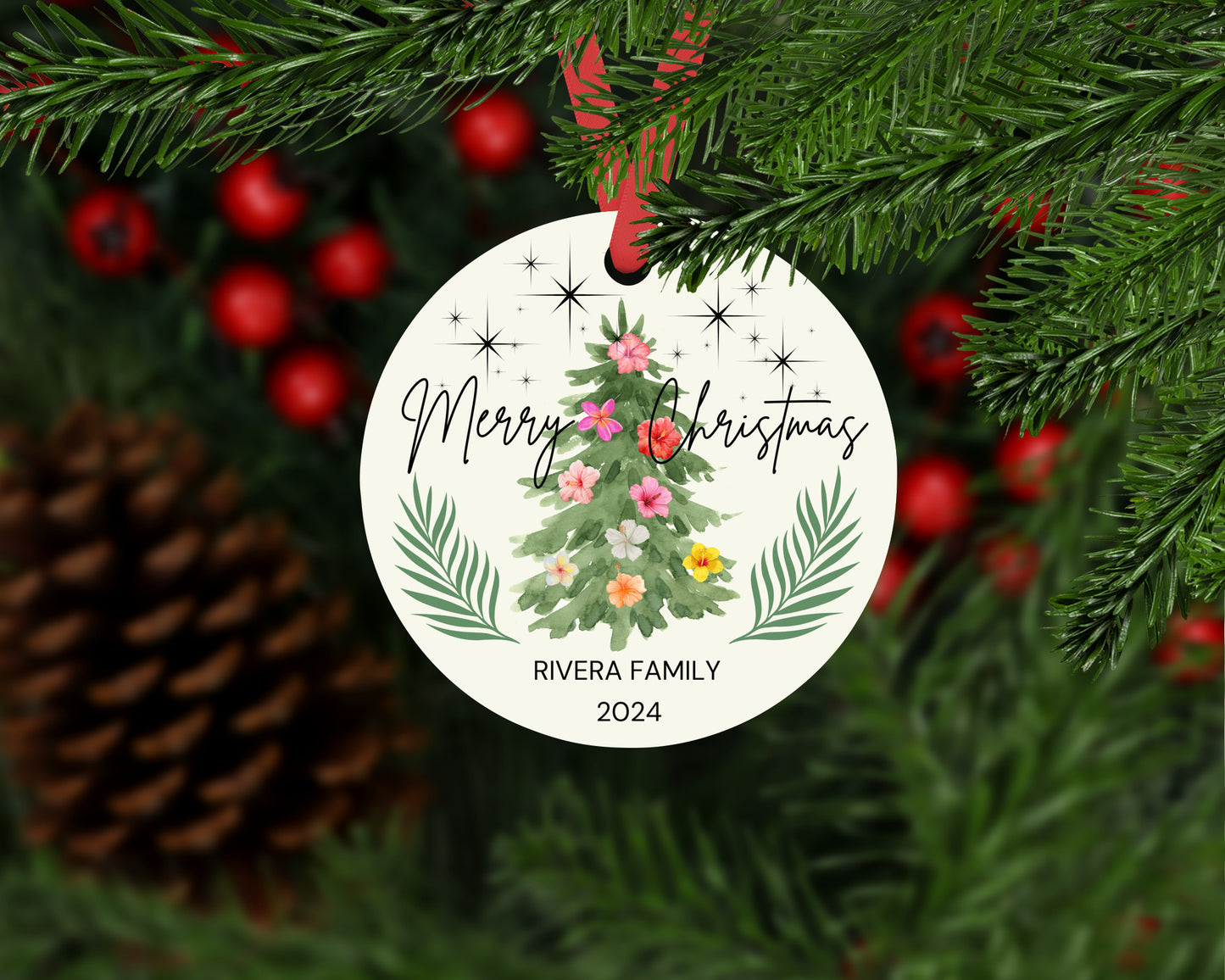 Personalized Christmas Ornament Tree with Hibiscus Flowers