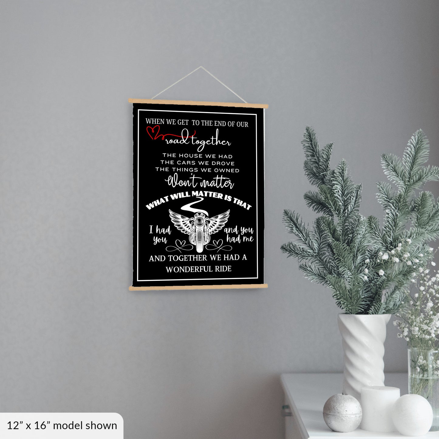 Biker sentimental quote sign, motorcycle memorial sweetheart wall art, husband wife couple heartfelt canvas wall hanging, BLACK version