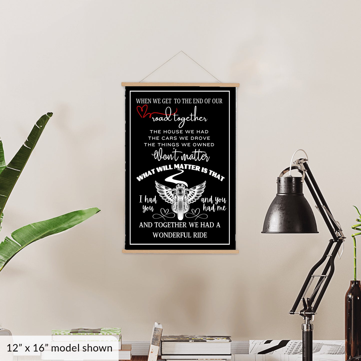 Biker sentimental quote sign, motorcycle memorial sweetheart wall art, husband wife couple heartfelt canvas wall hanging, BLACK version