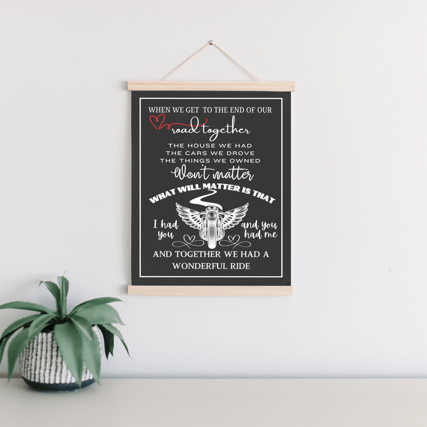 Biker sentimental quote sign, motorcycle memorial sweetheart wall art, husband wife couple heartfelt canvas wall hanging, BLACK version