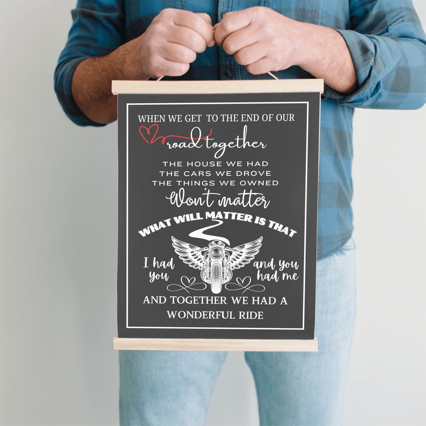 Biker sentimental quote sign, motorcycle memorial sweetheart wall art, husband wife couple heartfelt canvas wall hanging, BLACK version