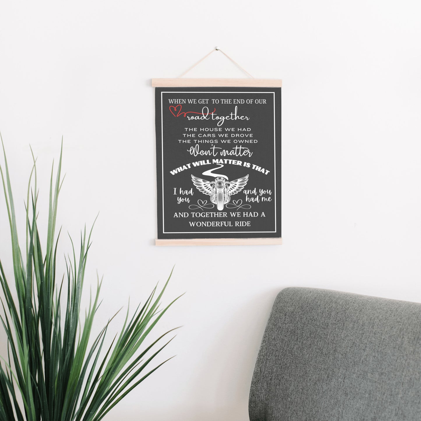 Biker sentimental quote sign, motorcycle memorial sweetheart wall art, husband wife couple heartfelt canvas wall hanging, BLACK version