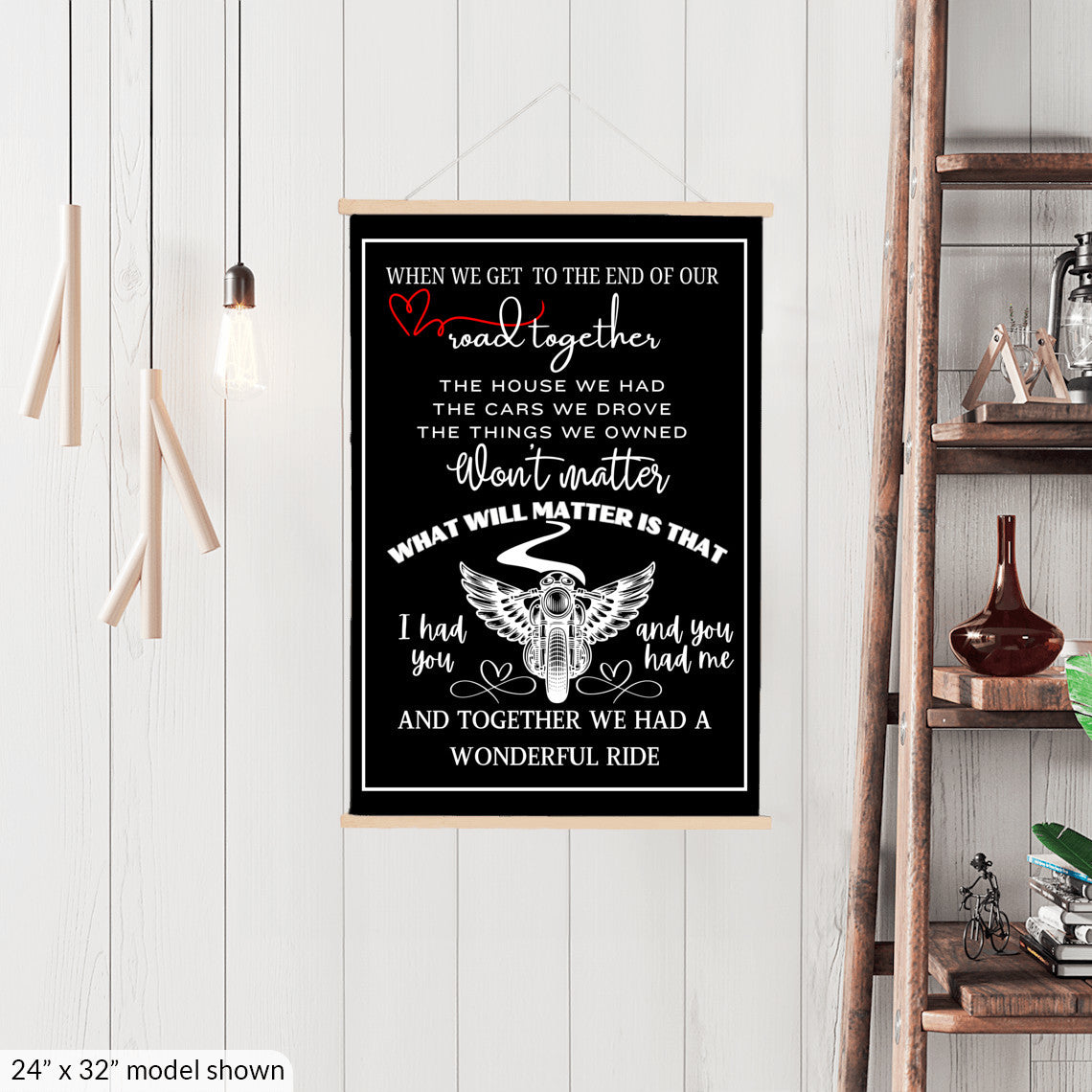 Biker sentimental quote sign, motorcycle memorial sweetheart wall art, husband wife couple heartfelt canvas wall hanging, BLACK version