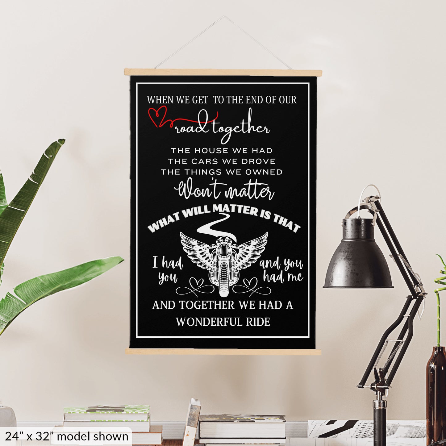 Biker sentimental quote sign, motorcycle memorial sweetheart wall art, husband wife couple heartfelt canvas wall hanging, BLACK version