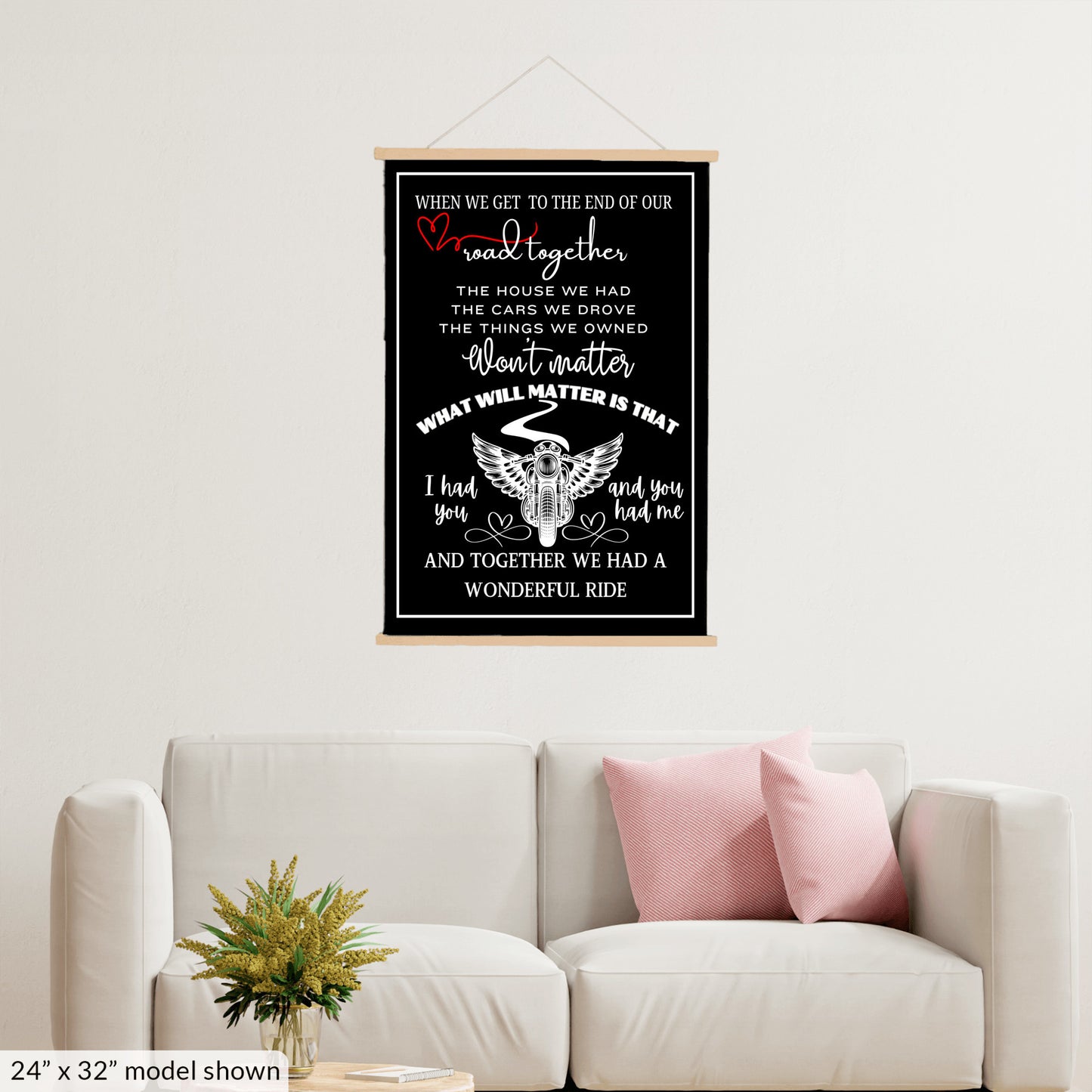 Biker sentimental quote sign, motorcycle memorial sweetheart wall art, husband wife couple heartfelt canvas wall hanging, BLACK version