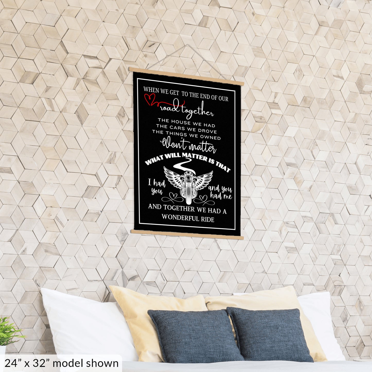 Biker sentimental quote sign, motorcycle memorial sweetheart wall art, husband wife couple heartfelt canvas wall hanging, BLACK version