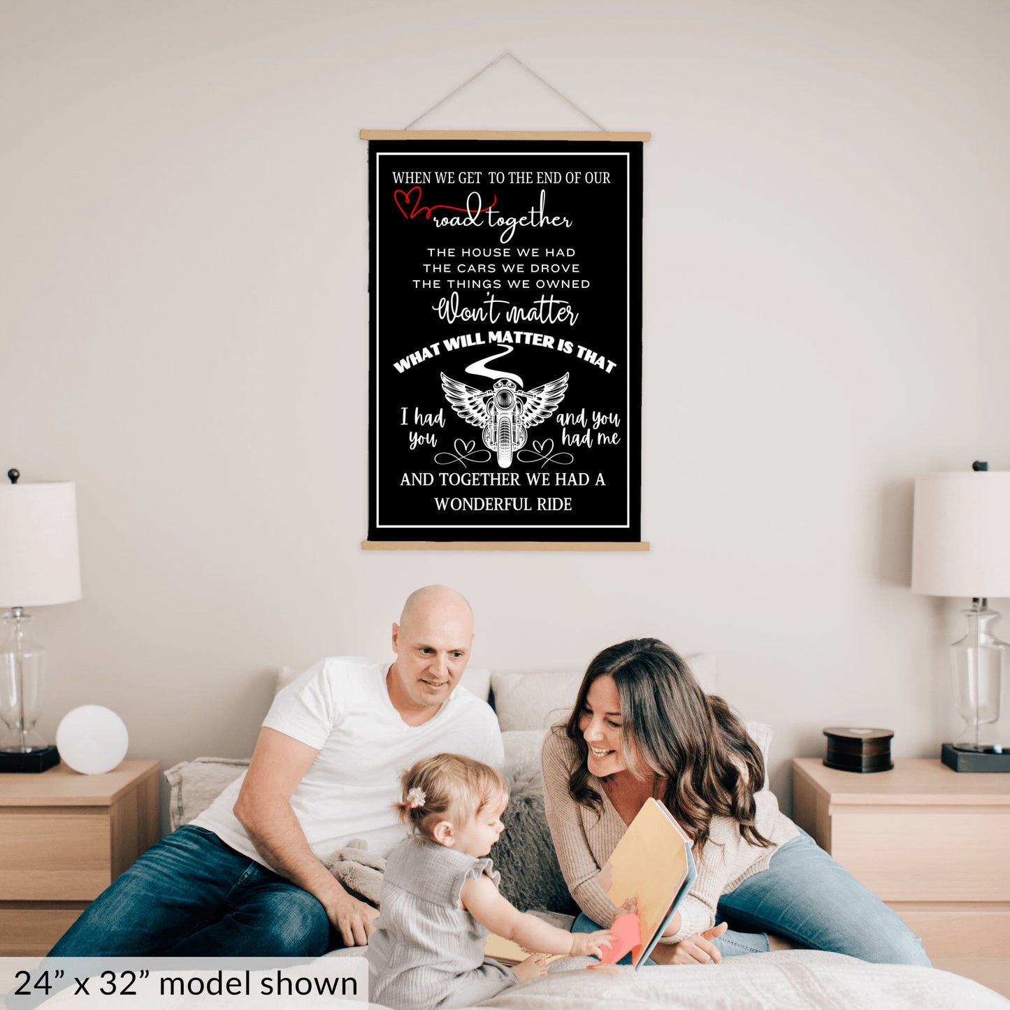 Biker sentimental quote sign, motorcycle memorial sweetheart wall art, husband wife couple heartfelt canvas wall hanging, BLACK version