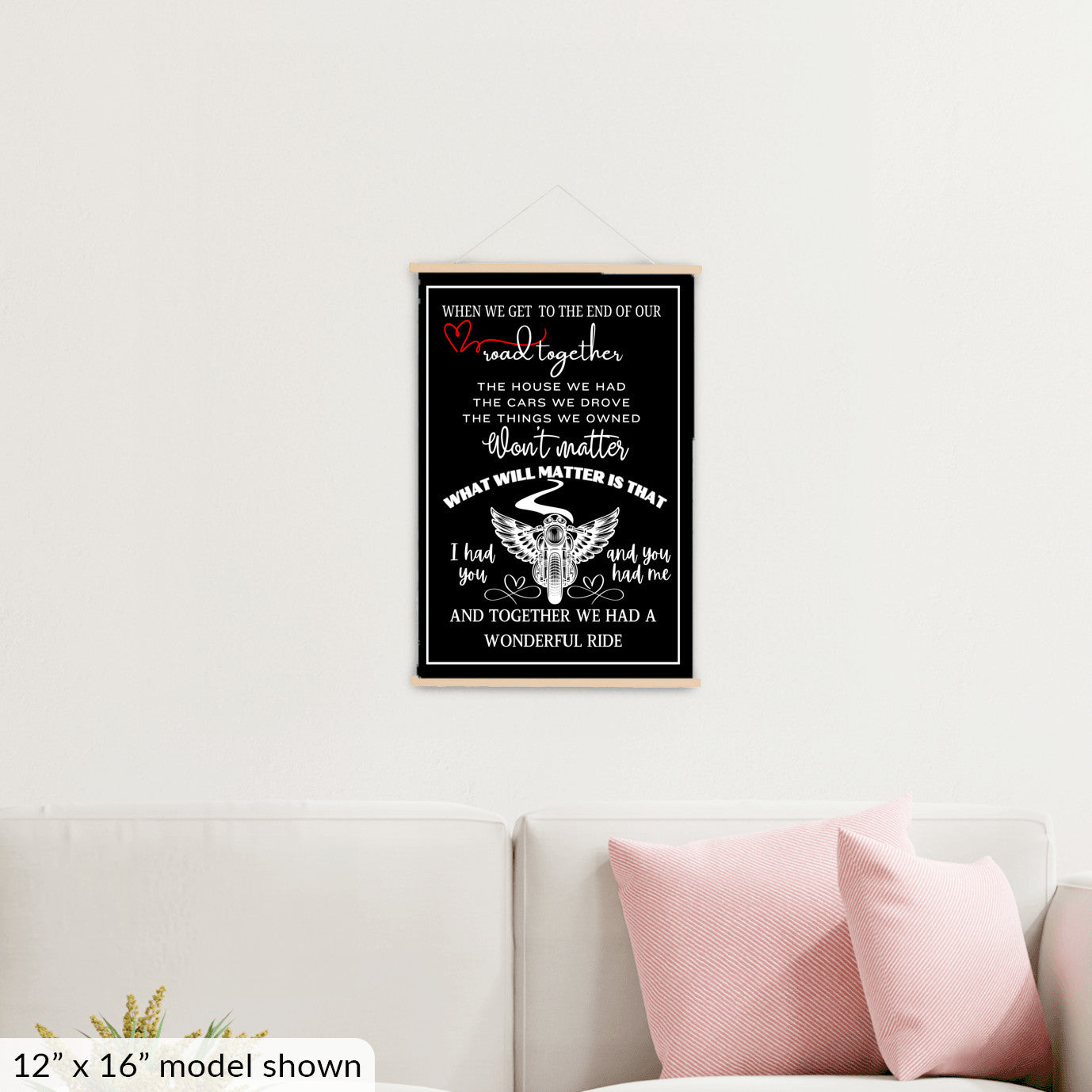 Biker sentimental quote sign, motorcycle memorial sweetheart wall art, husband wife couple heartfelt canvas wall hanging, BLACK version