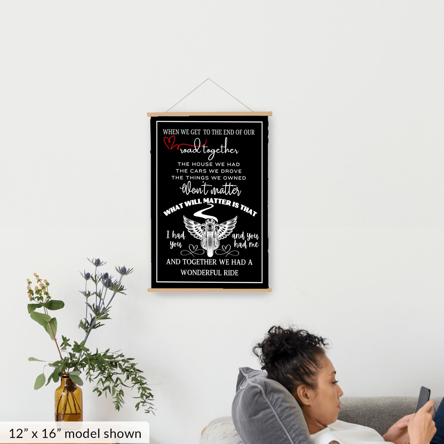 Biker sentimental quote sign, motorcycle memorial sweetheart wall art, husband wife couple heartfelt canvas wall hanging, BLACK version