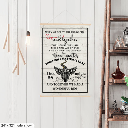 Biker sentimental quote sign, motorcycle memorial sweetheart wall art, husband wife couple heartfelt canvas wall hanging, WHITE WOOD version