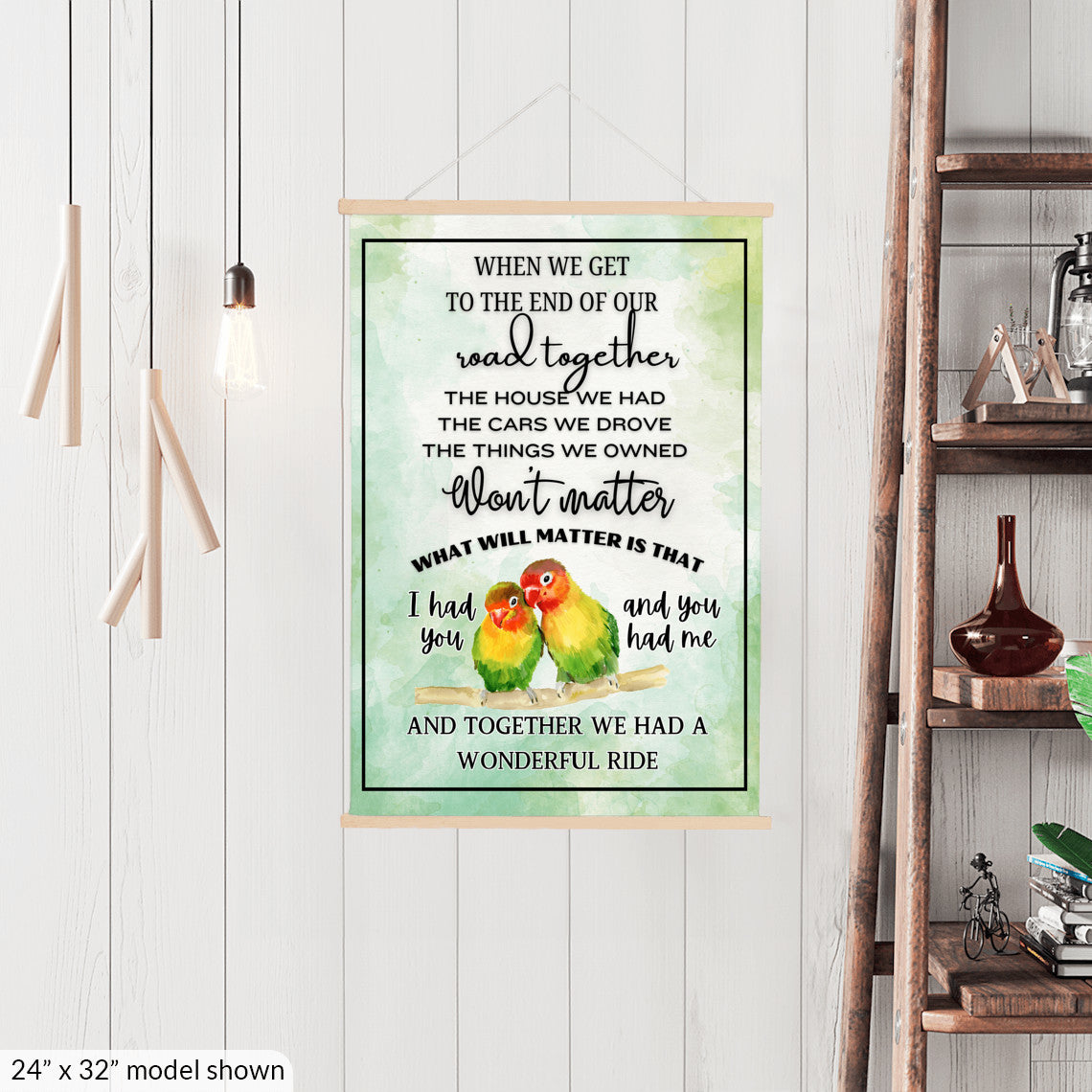 Cute colorful lovebird couple sentimental quote wall art, two birds heartfelt memories sign, parrots in love inspiring canvas wall hanging