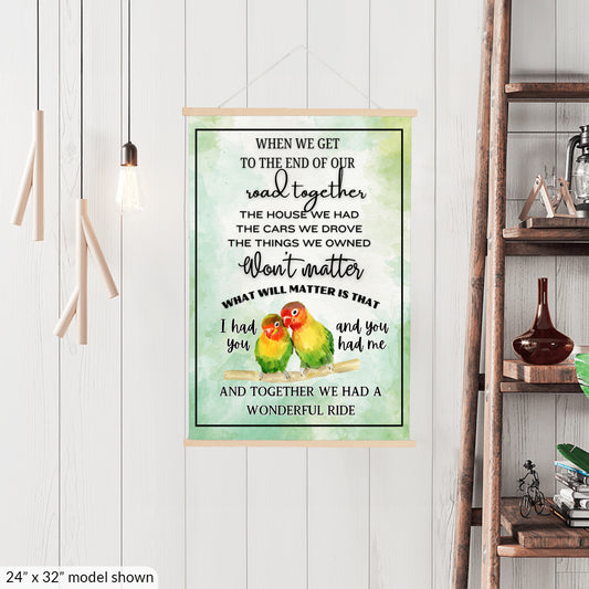 Cute colorful lovebird couple sentimental quote wall art, two birds heartfelt memories sign, parrots in love inspiring canvas wall hanging