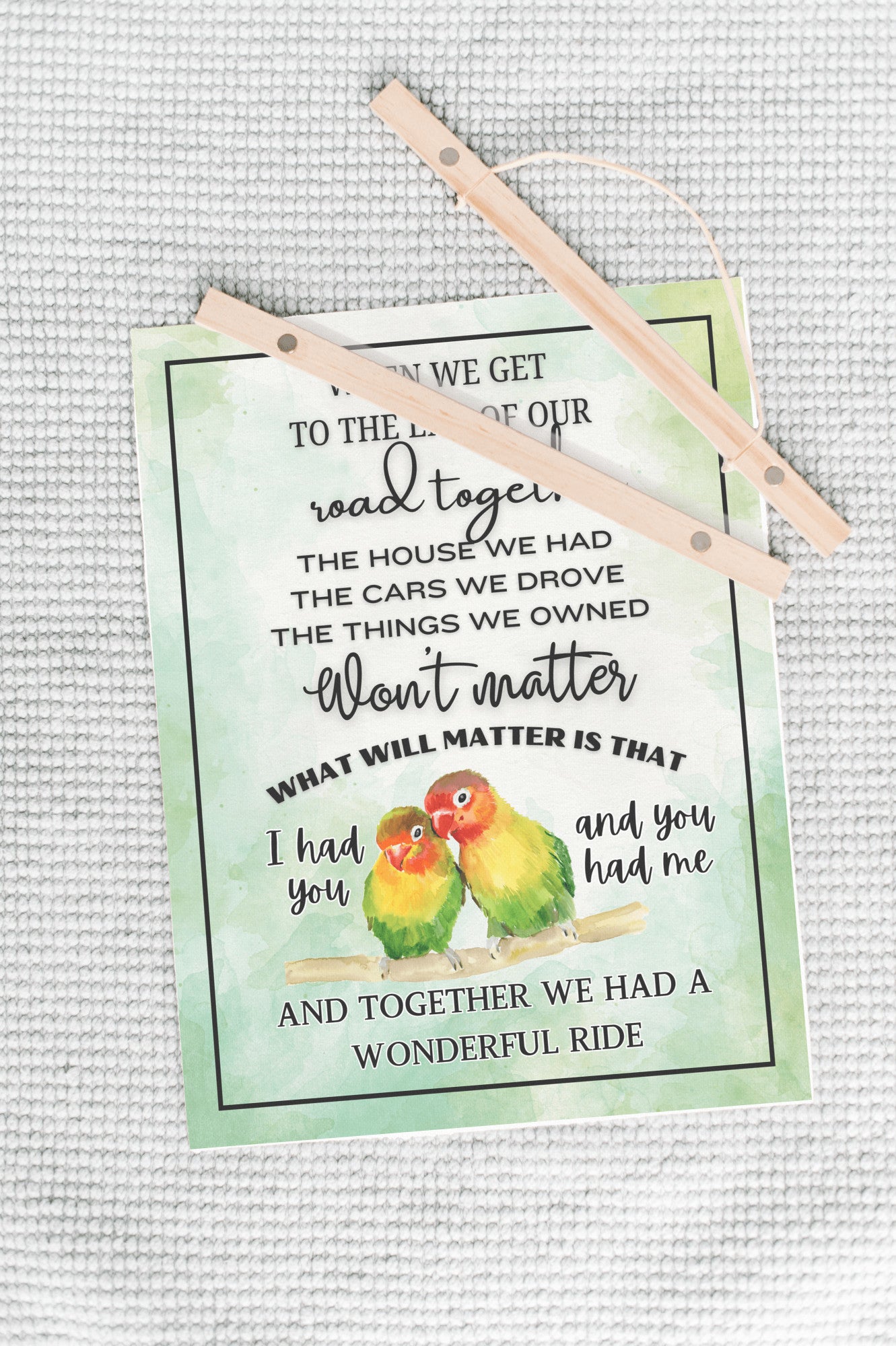 Cute colorful lovebird couple sentimental quote wall art, two birds heartfelt memories sign, parrots in love inspiring canvas wall hanging