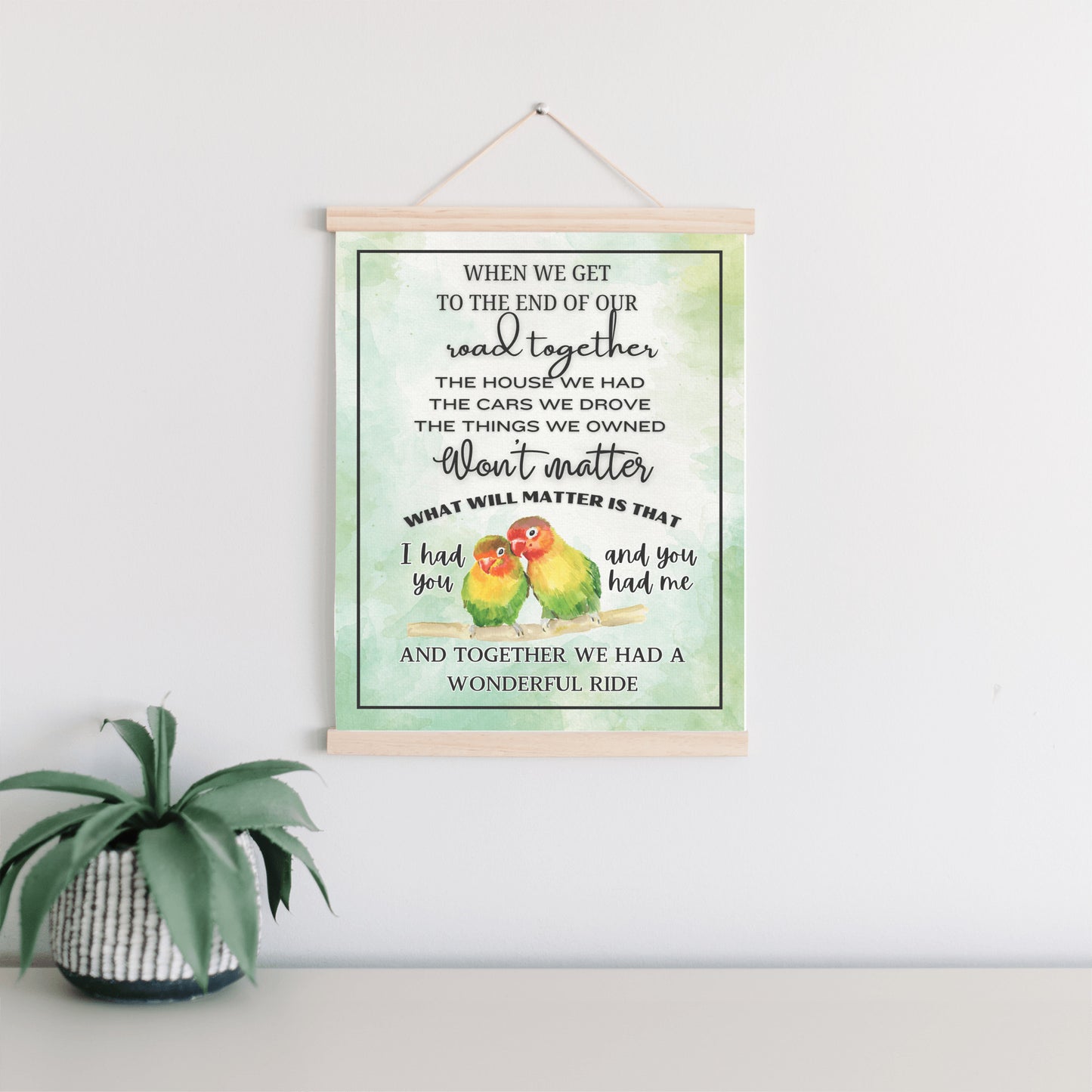 Cute colorful lovebird couple sentimental quote wall art, two birds heartfelt memories sign, parrots in love inspiring canvas wall hanging