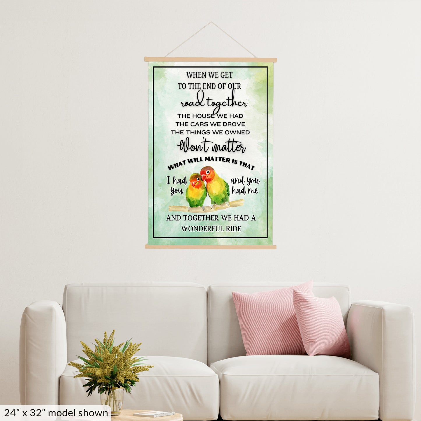 Cute colorful lovebird couple sentimental quote wall art, two birds heartfelt memories sign, parrots in love inspiring canvas wall hanging