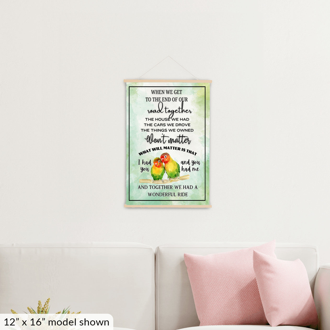 Cute colorful lovebird couple sentimental quote wall art, two birds heartfelt memories sign, parrots in love inspiring canvas wall hanging