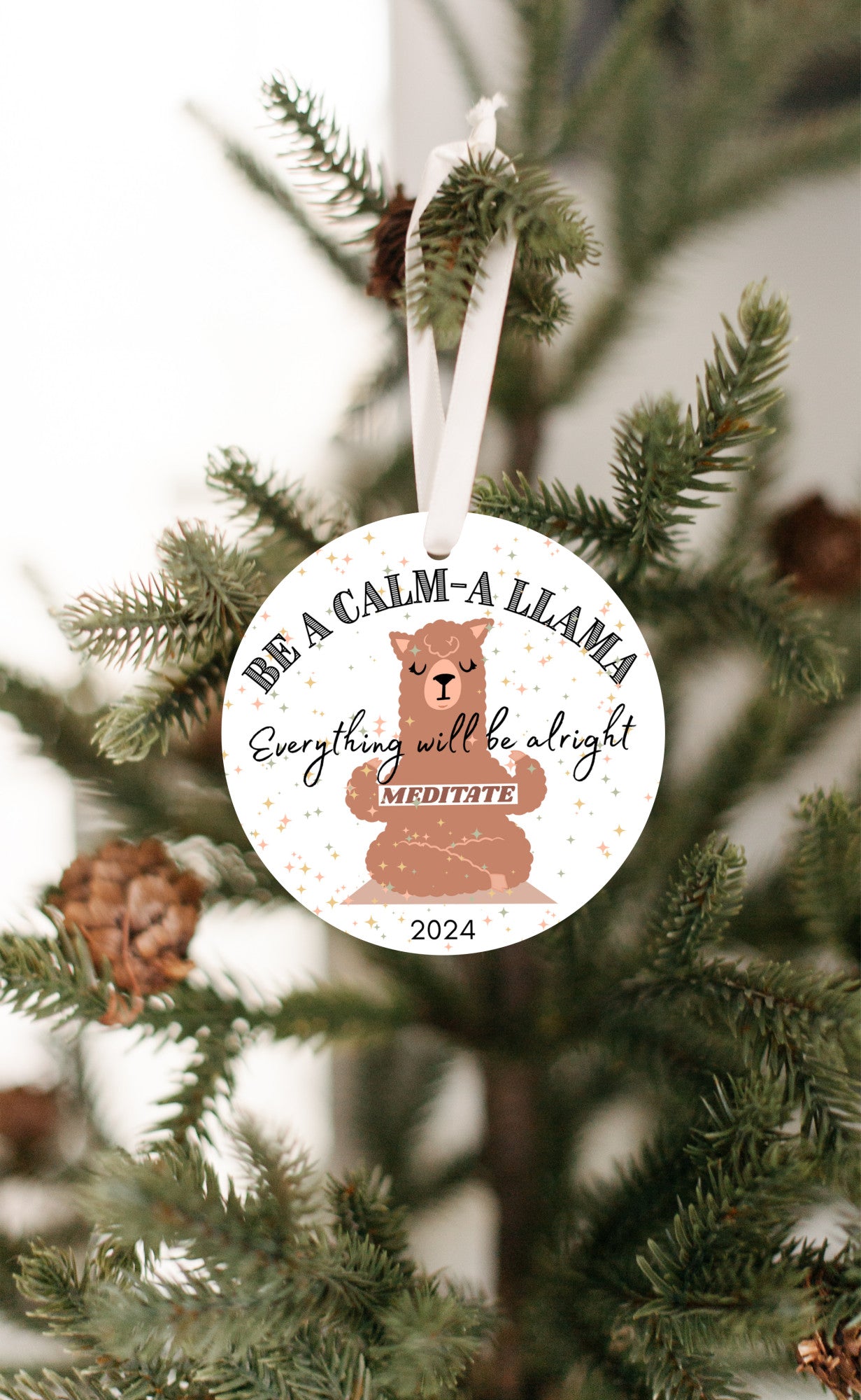 Llama meditation christmas ornament 2024, calm mindfulness gift, funny friend stocking stuffer