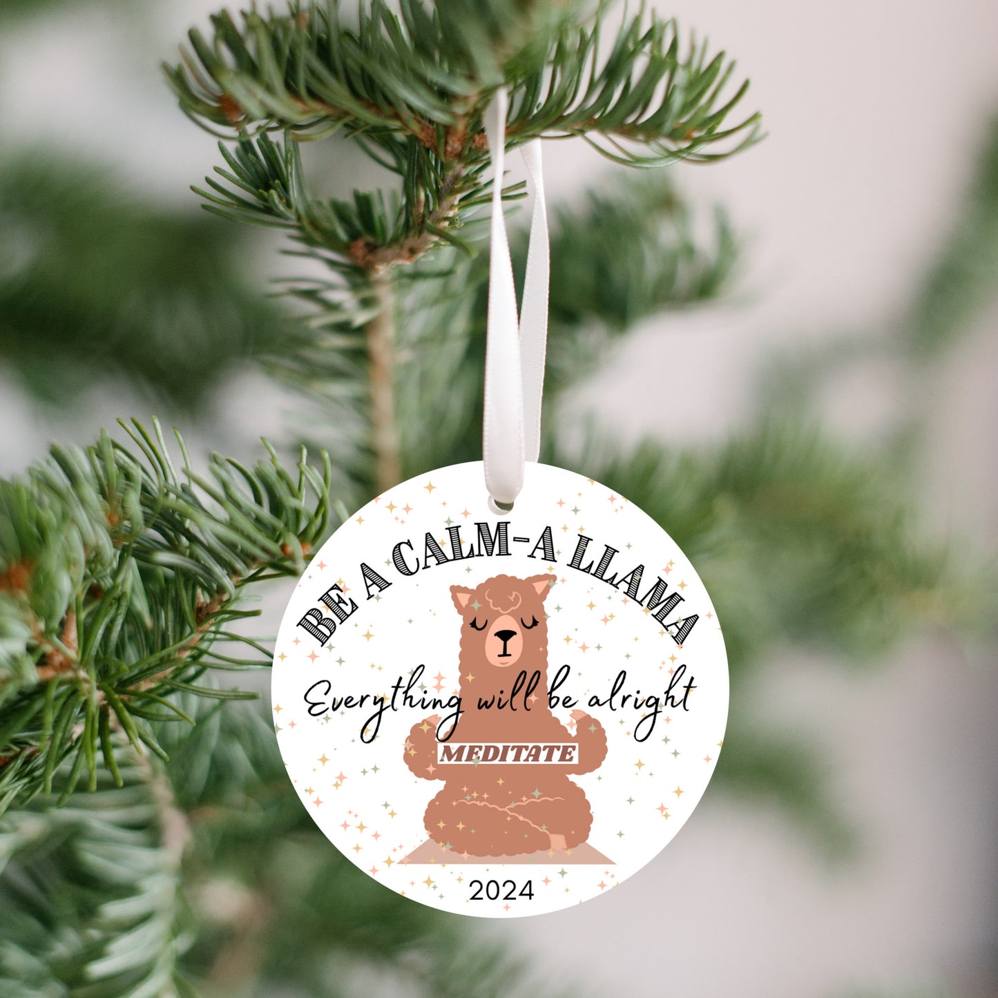 Llama meditation christmas ornament 2024, calm mindfulness gift, funny friend stocking stuffer