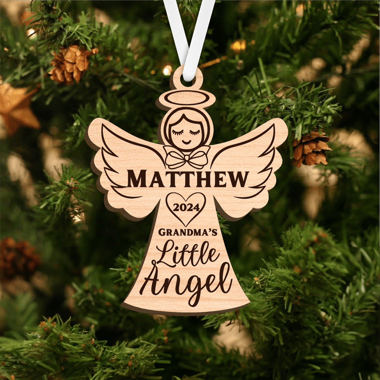 Personalized grandma's little angel christmas ornament 2024, birchwood laser engraved wood cut-out, gift for grandchild