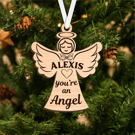 Personalized you're an angel christmas ornament 2024, laser engraved wood cut-out, gift for family friend