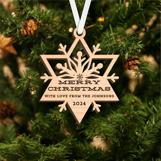 Personalized block text snowflake christmas ornament 2024, laser-cut engraved wood cutout star, stocking stuffer gift for friends family